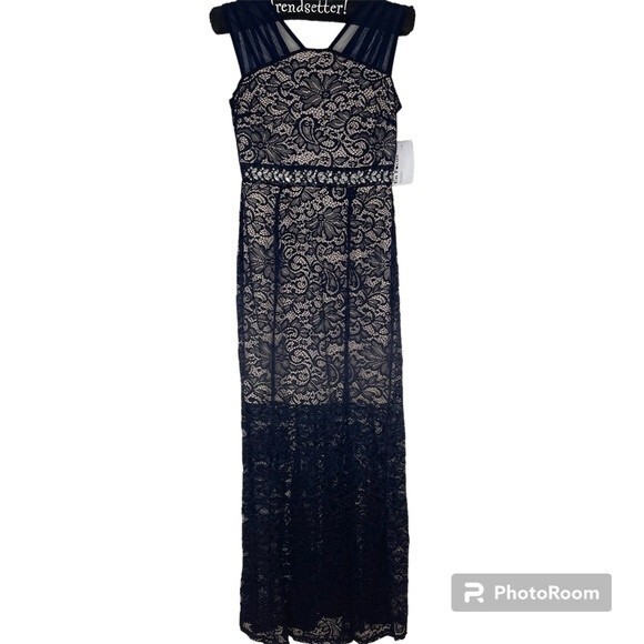 En Focus Dress Lace Overlay Rhinestone Long Gown Prom Formal New Navy Blue 4 - Picture 1 of 13